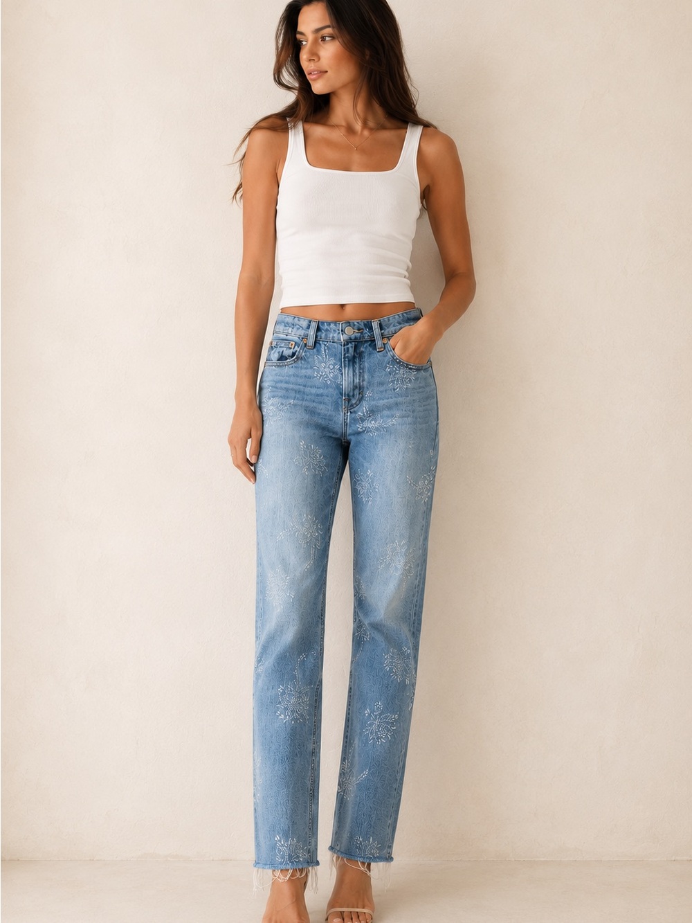 Lucky Brand Sienna Slim Boyfriend Fit Light Blue Denim Jeans w/White Floral